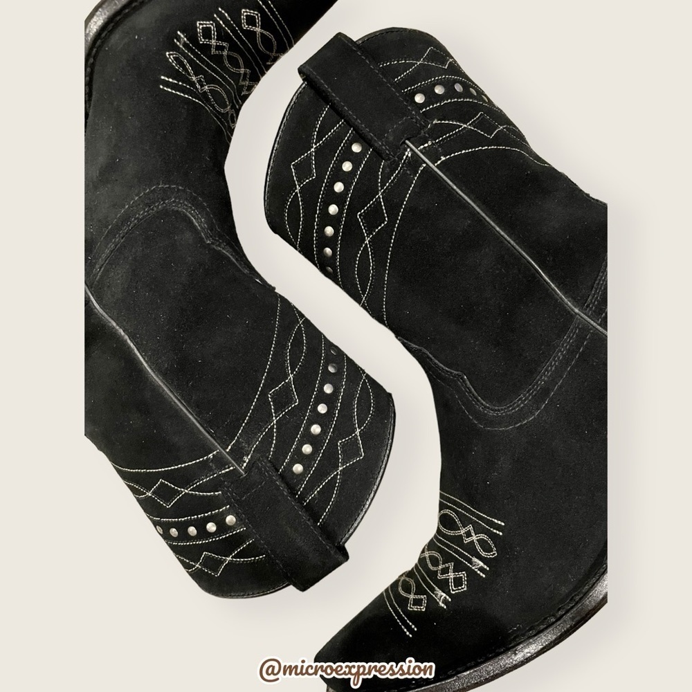 1980 Frye VINTAGE Black Suede Leather Embroidered Boho PullOn Heeled Cowboy Boot - Picture 11 of 14